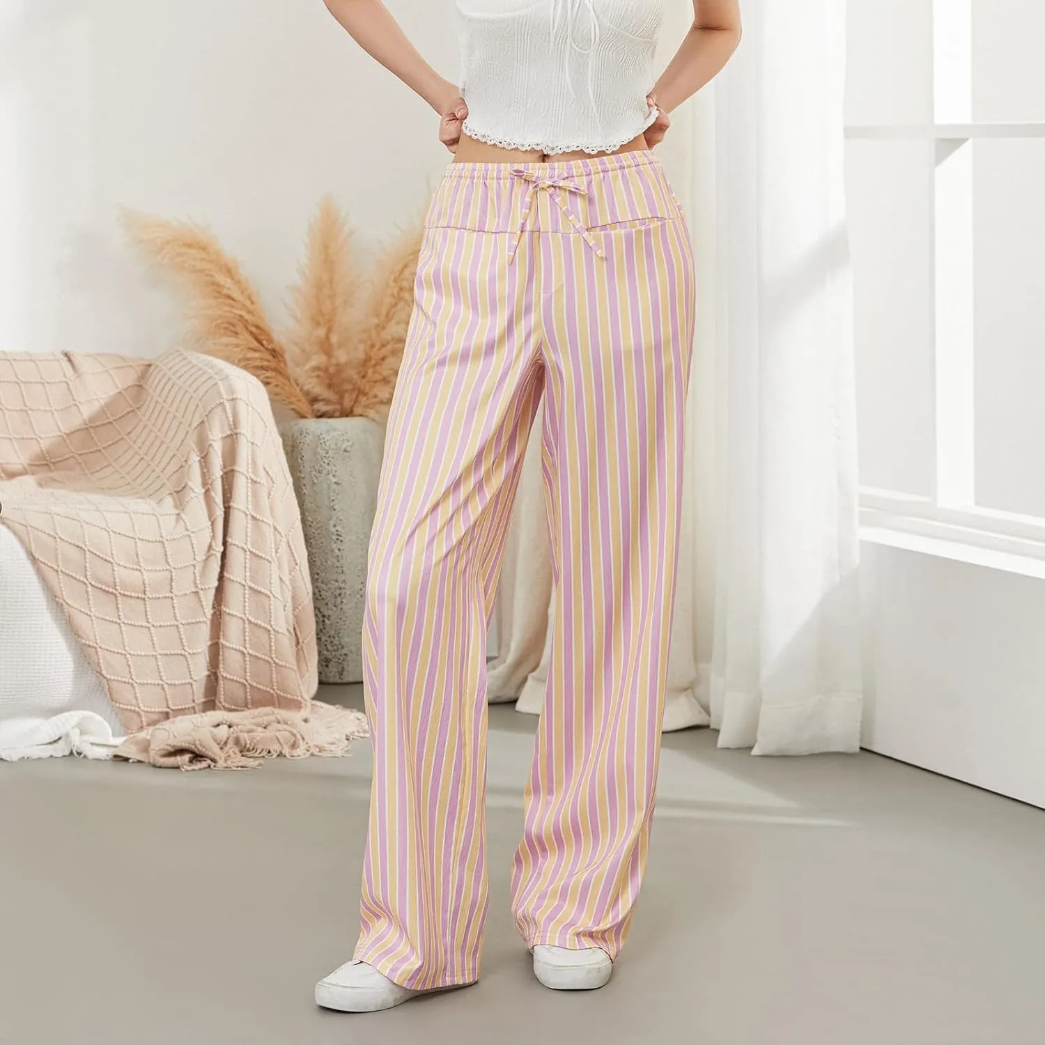 Women Y2k Striped Long Pants Wide Leg Stripes Print Lounge Pants High Waist Drawstring Striped Trousers