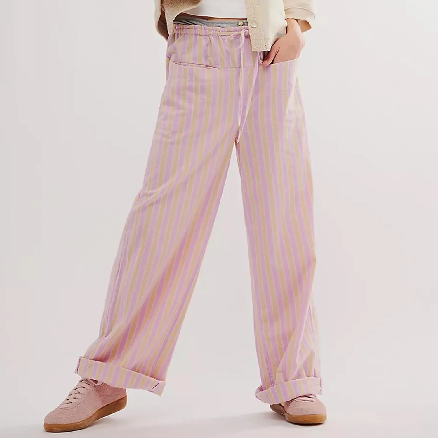 Women Y2k Striped Long Pants Wide Leg Stripes Print Lounge Pants High Waist Drawstring Striped Trousers