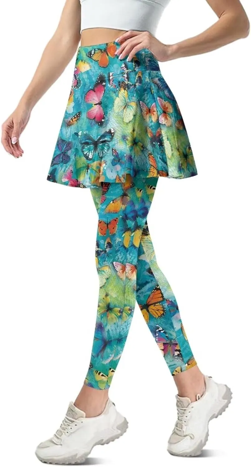 Women Yoga Legging with Skirt High Waisted Slim Full-Length Running Workout Skirted Yoga Pants with Pockets XS-3XL