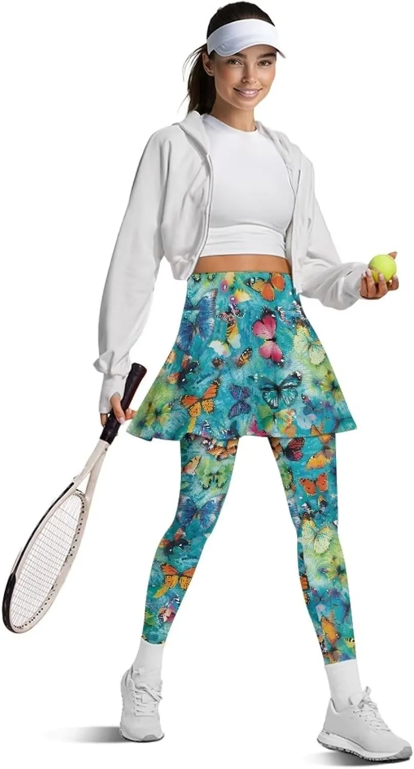 Women Yoga Legging with Skirt High Waisted Slim Full-Length Running Workout Skirted Yoga Pants with Pockets XS-3XL