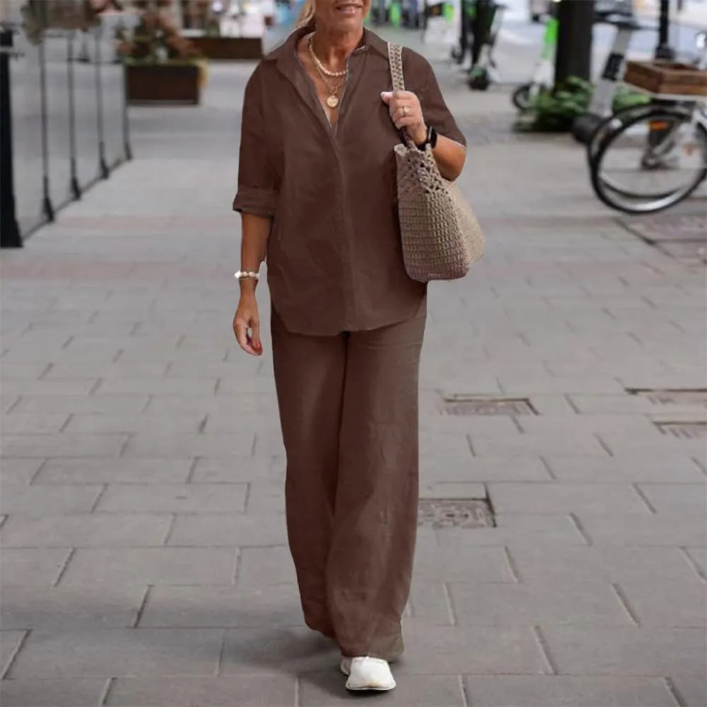 Women's 2 Piece Linen Pants and Shirt Set Ladies Beige Button V Neck Shirts Tops Set Linen Pants Suits for Women