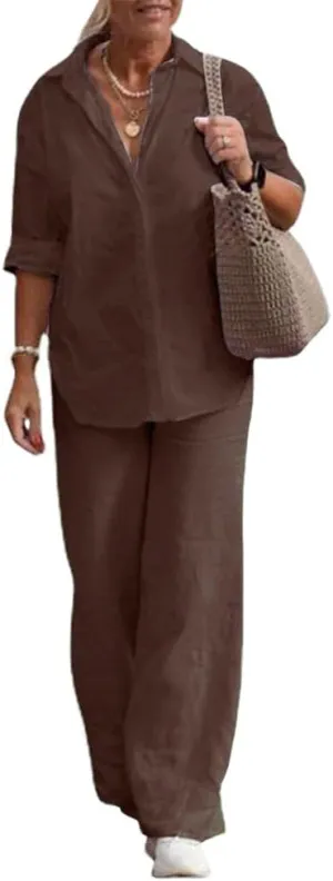 Women's 2 Piece Linen Pants and Shirt Set Ladies Beige Button V Neck Shirts Tops Set Linen Pants Suits for Women