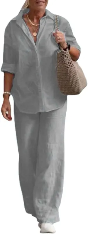 Women's 2 Piece Linen Pants and Shirt Set Ladies Beige Button V Neck Shirts Tops Set Linen Pants Suits for Women