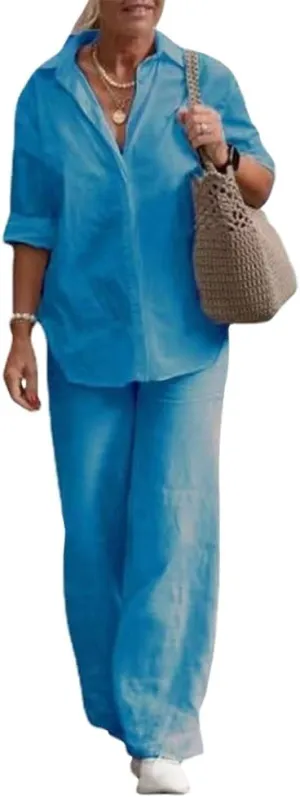 Women's 2 Piece Linen Pants and Shirt Set Ladies Beige Button V Neck Shirts Tops Set Linen Pants Suits for Women