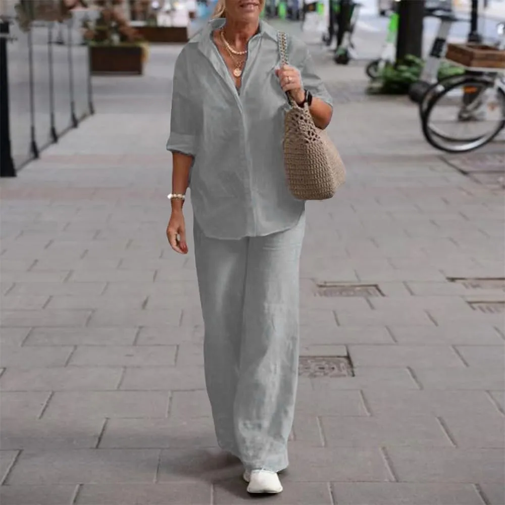 Women's 2 Piece Linen Pants and Shirt Set Ladies Beige Button V Neck Shirts Tops Set Linen Pants Suits for Women