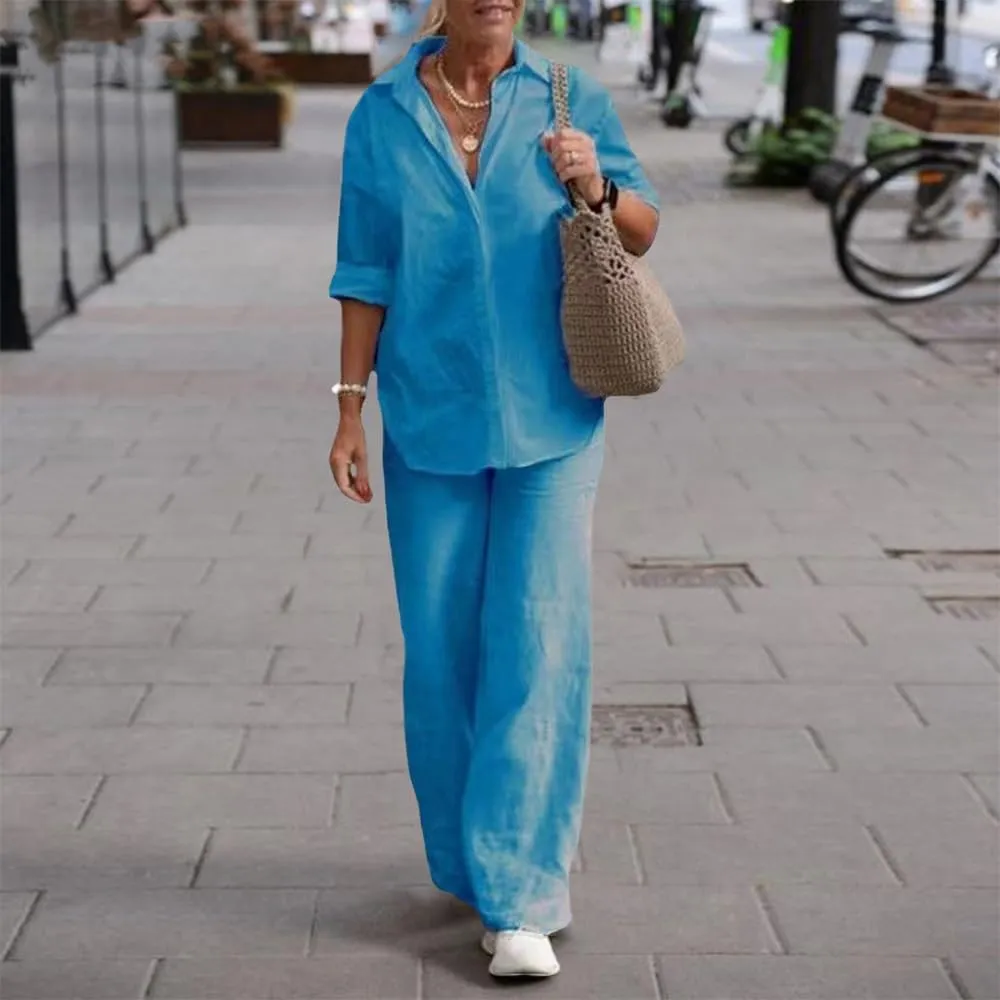 Women's 2 Piece Linen Pants and Shirt Set Ladies Beige Button V Neck Shirts Tops Set Linen Pants Suits for Women