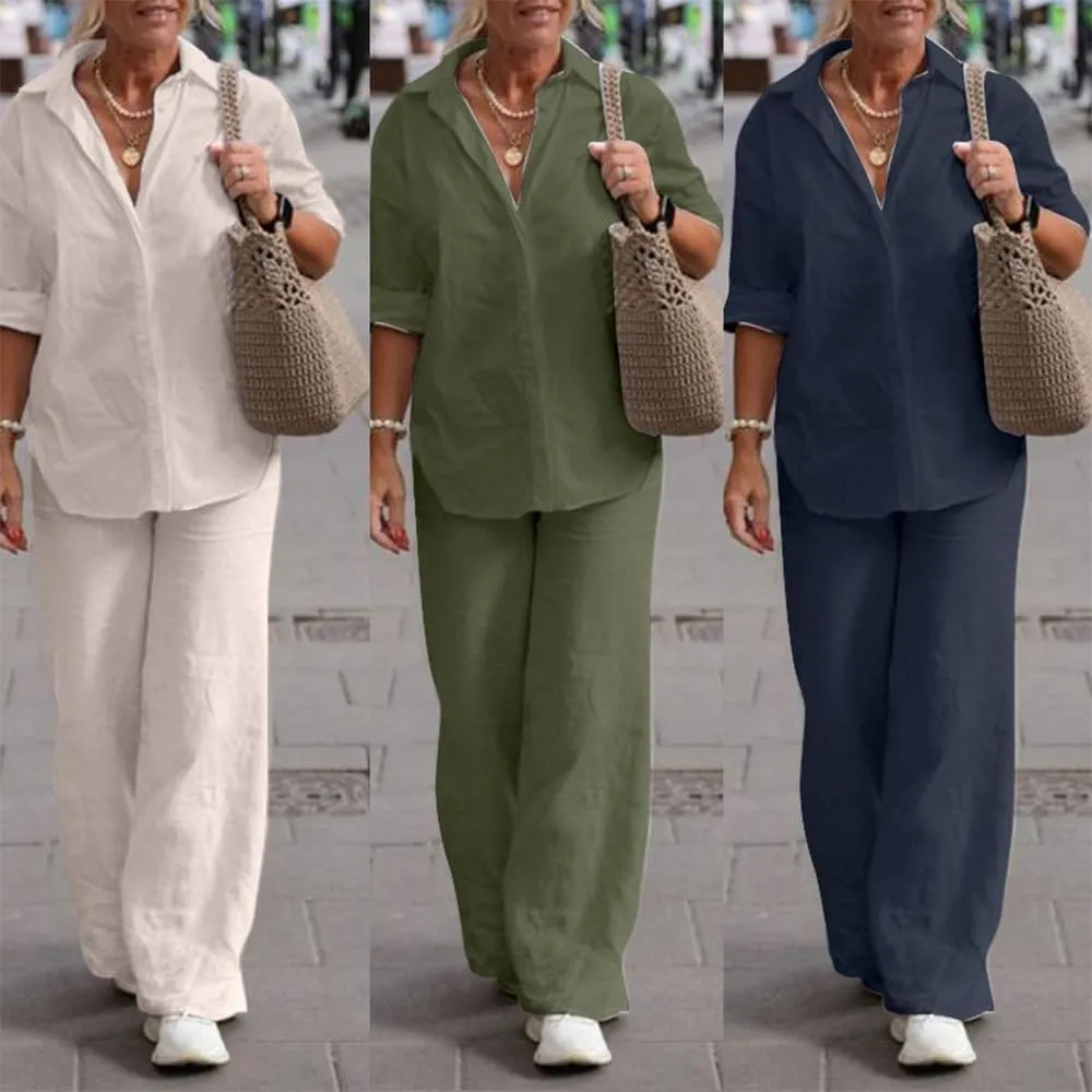 Women's 2 Piece Linen Pants and Shirt Set Ladies Beige Button V Neck Shirts Tops Set Linen Pants Suits for Women
