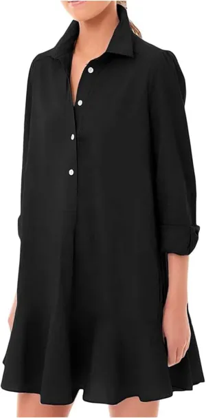 Womens 2024 Summer Casual Button Down Dress 3/4 Rolled-Up Sleeve Loose Ruffle Mini Dress Solid Color Shirts Sun Dress