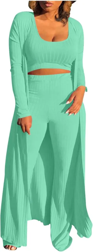 Women's 3 Piece Matching Set Ribbed Knit Lounge Sets Tank Cardigan and High Waist Pants Pajamas Loungewear Outfits