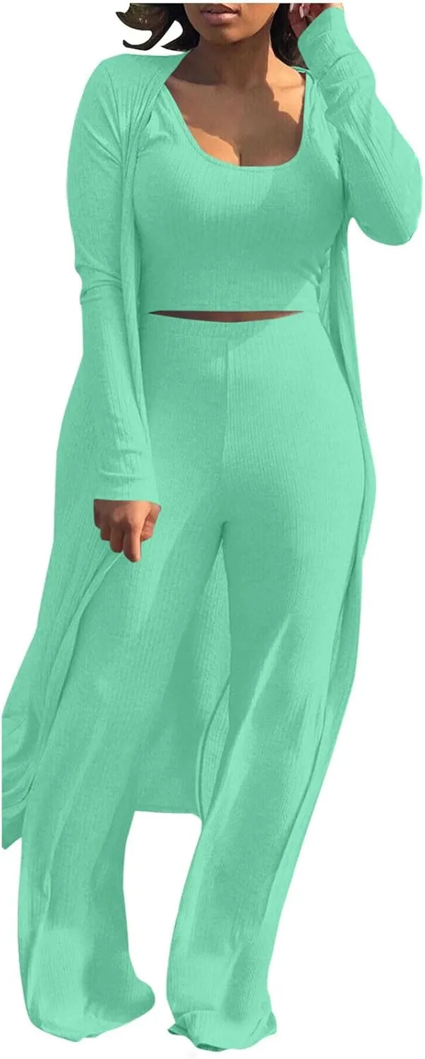 Women's 3 Piece Matching Set Ribbed Knit Lounge Sets Tank Cardigan and High Waist Pants Pajamas Loungewear Outfits