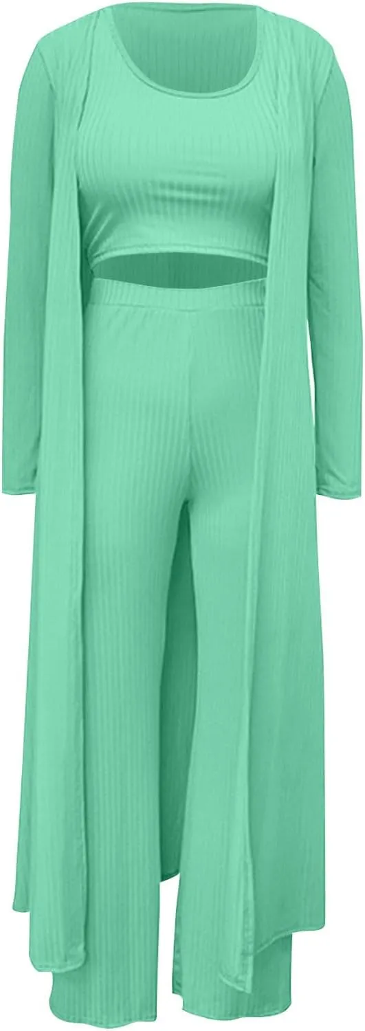 Women's 3 Piece Matching Set Ribbed Knit Lounge Sets Tank Cardigan and High Waist Pants Pajamas Loungewear Outfits