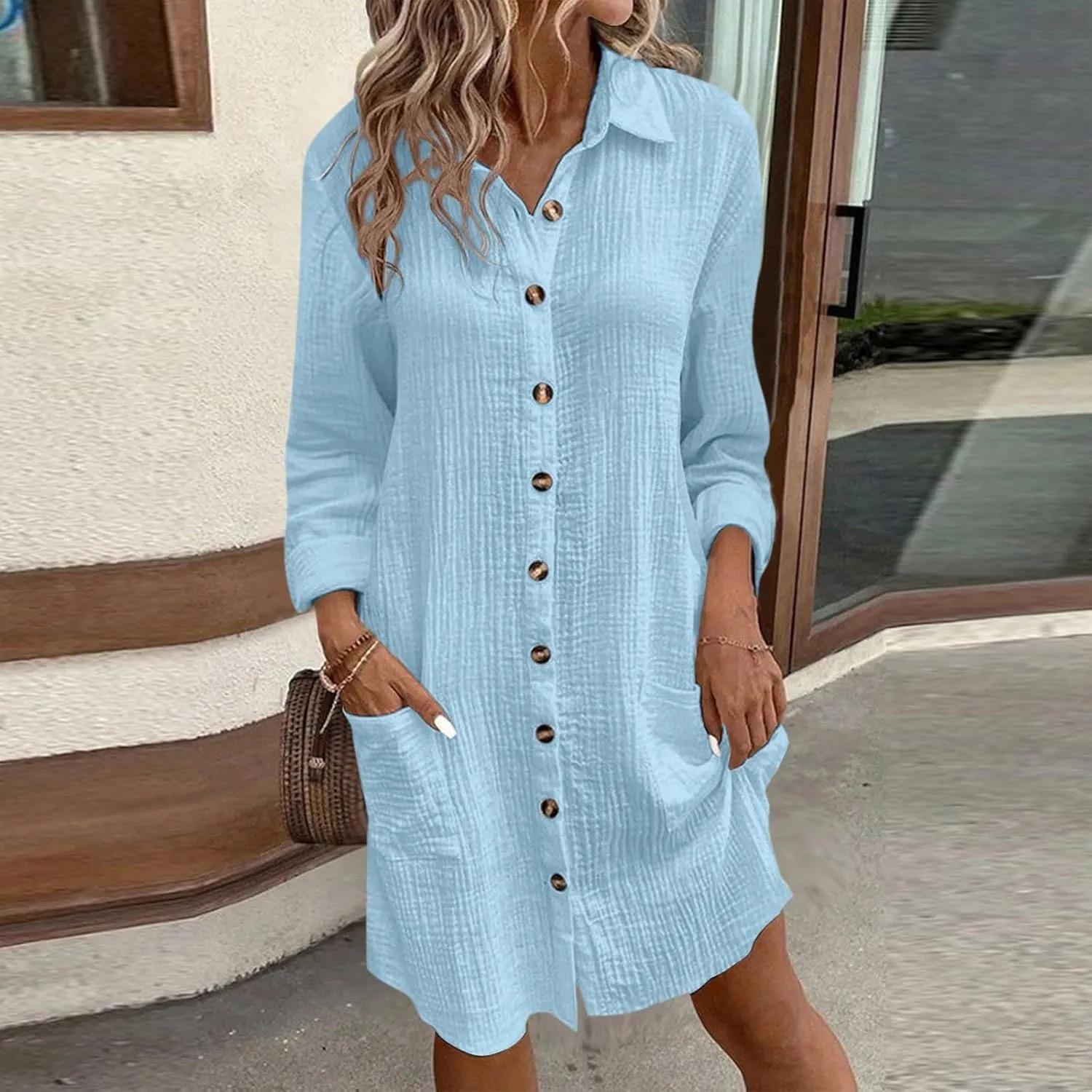 Womens Button Down Shirt Dress Summer Cotton Linen Dress V-Neck Mini Dress Casual Short Sleeve Loose Tunic Shift Dresses