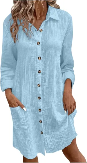Womens Button Down Shirt Dress Summer Cotton Linen Dress V-Neck Mini Dress Casual Short Sleeve Loose Tunic Shift Dresses