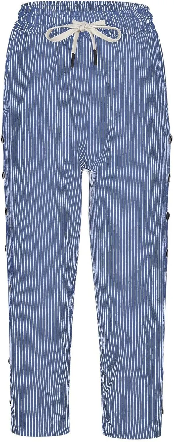 Women's Capri Lounge Pants - 2025 Summer Cotton Linen Wide Leg Trousers, Elastic Waist with Pockets
