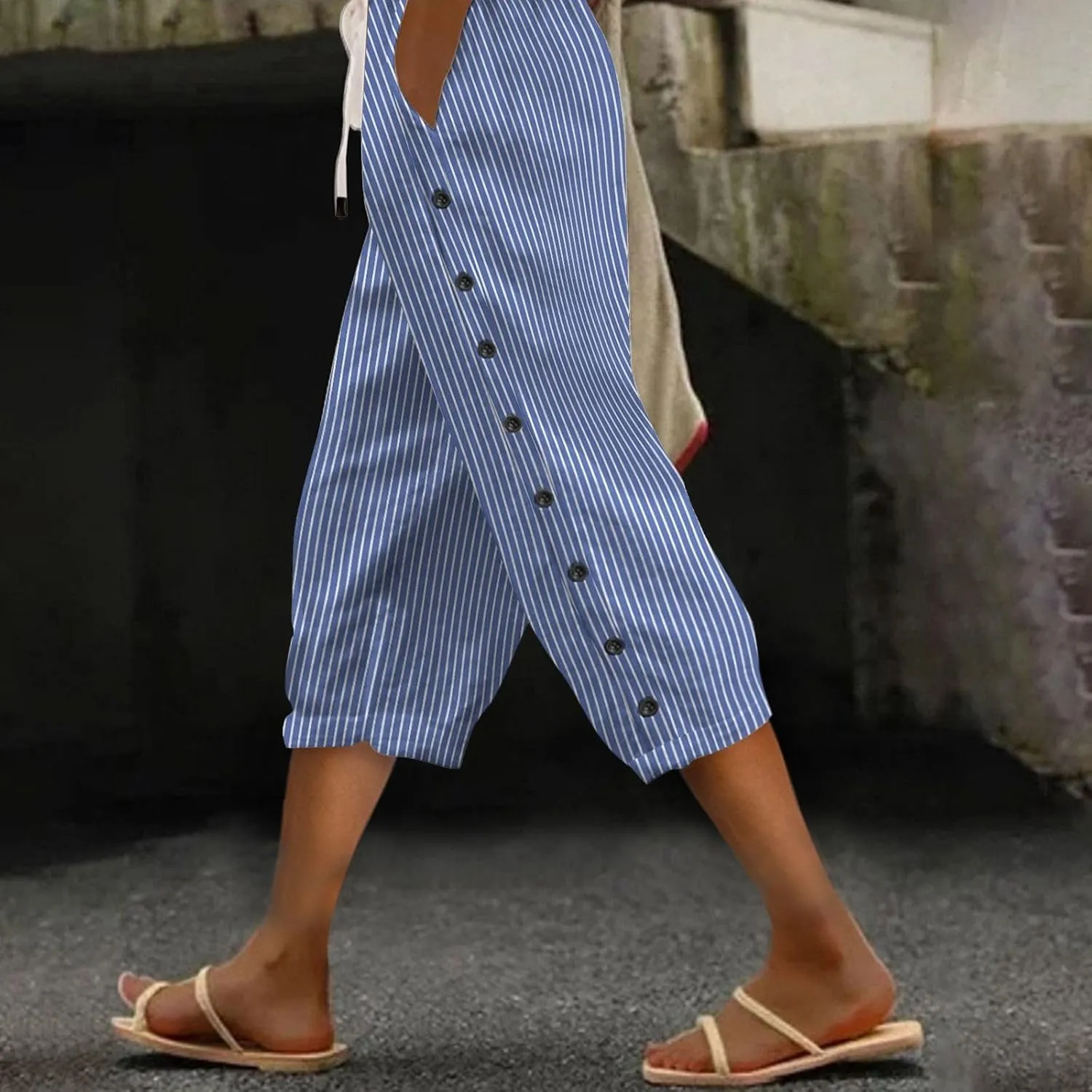 Women's Capri Lounge Pants - 2025 Summer Cotton Linen Wide Leg Trousers, Elastic Waist with Pockets