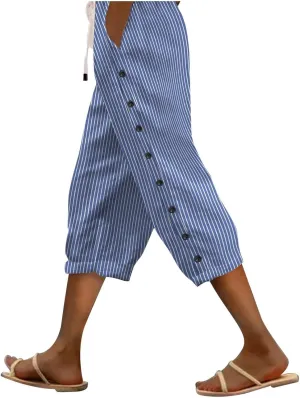 Women's Capri Lounge Pants - 2025 Summer Cotton Linen Wide Leg Trousers, Elastic Waist with Pockets