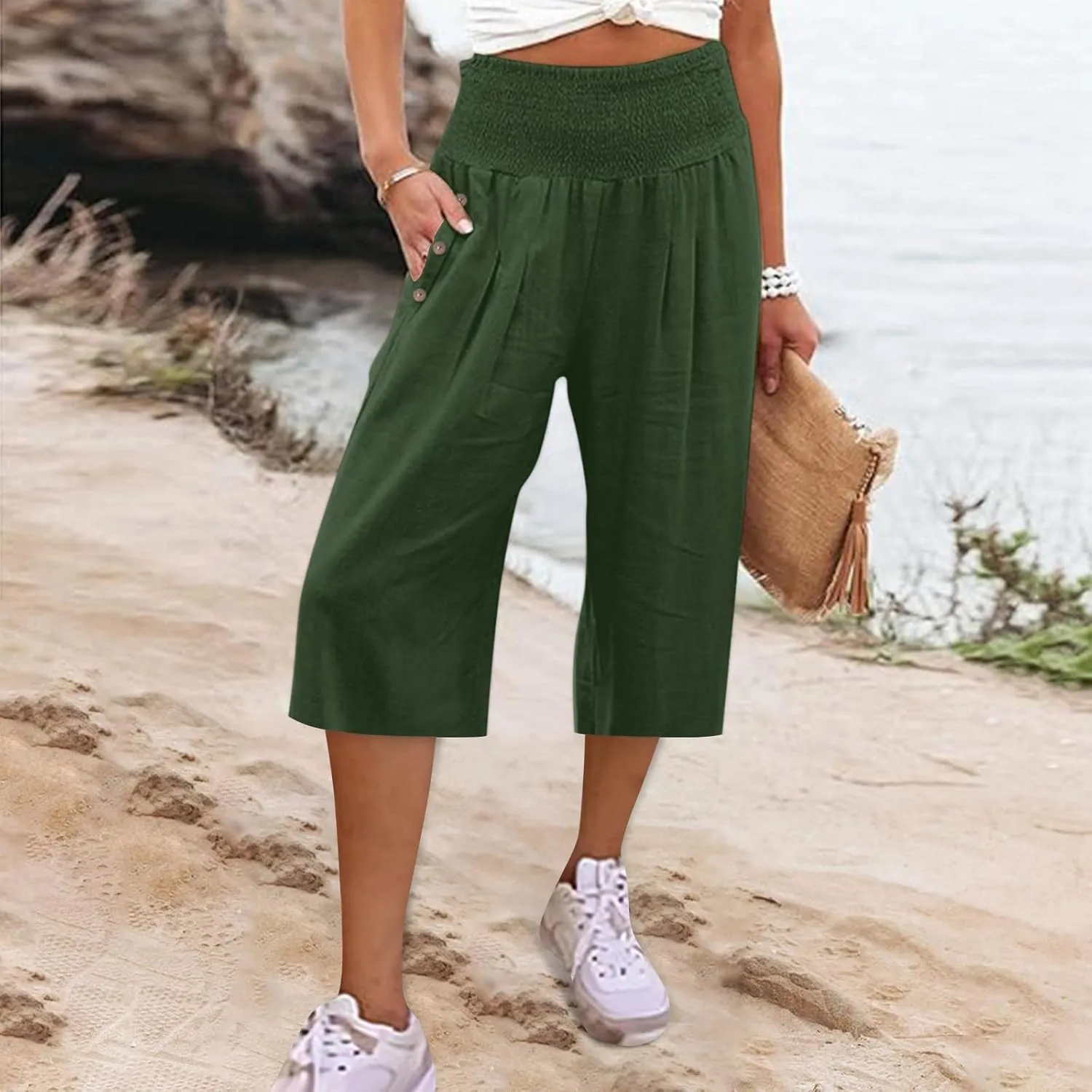Womens Capri Pants, with Pockets Loose Wide Leg High Waist Capri Pants