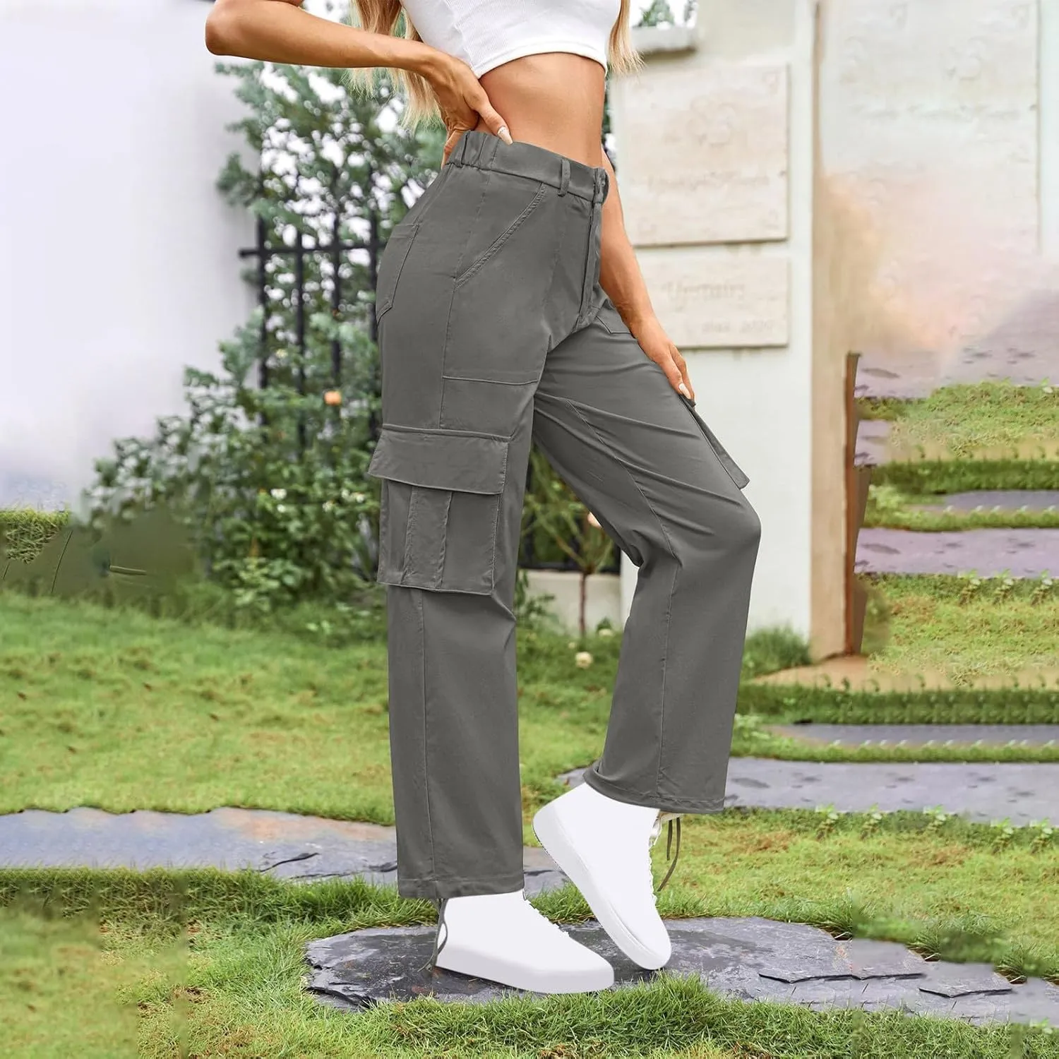 Womens Cargo Pants Wide Leg Bohemian Style Linen Blend Summer Beach Casual Pants
