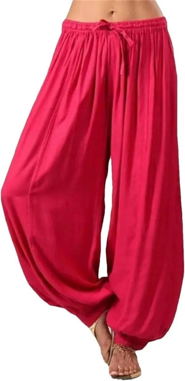 Women's Casual Harem Pants Low Waist Straight Leg Trousers Elastic Waist Regular Fit Ankle Length