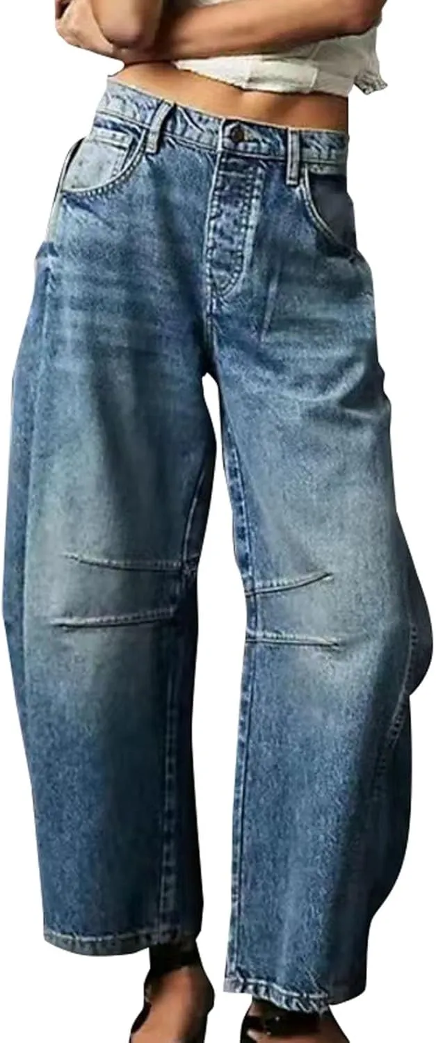 Women's Casual Jeans Elastic Waist Front Button Wide Leg Harem Trousers Fashion Loose Fit Comfy Street Hip Hip Pants