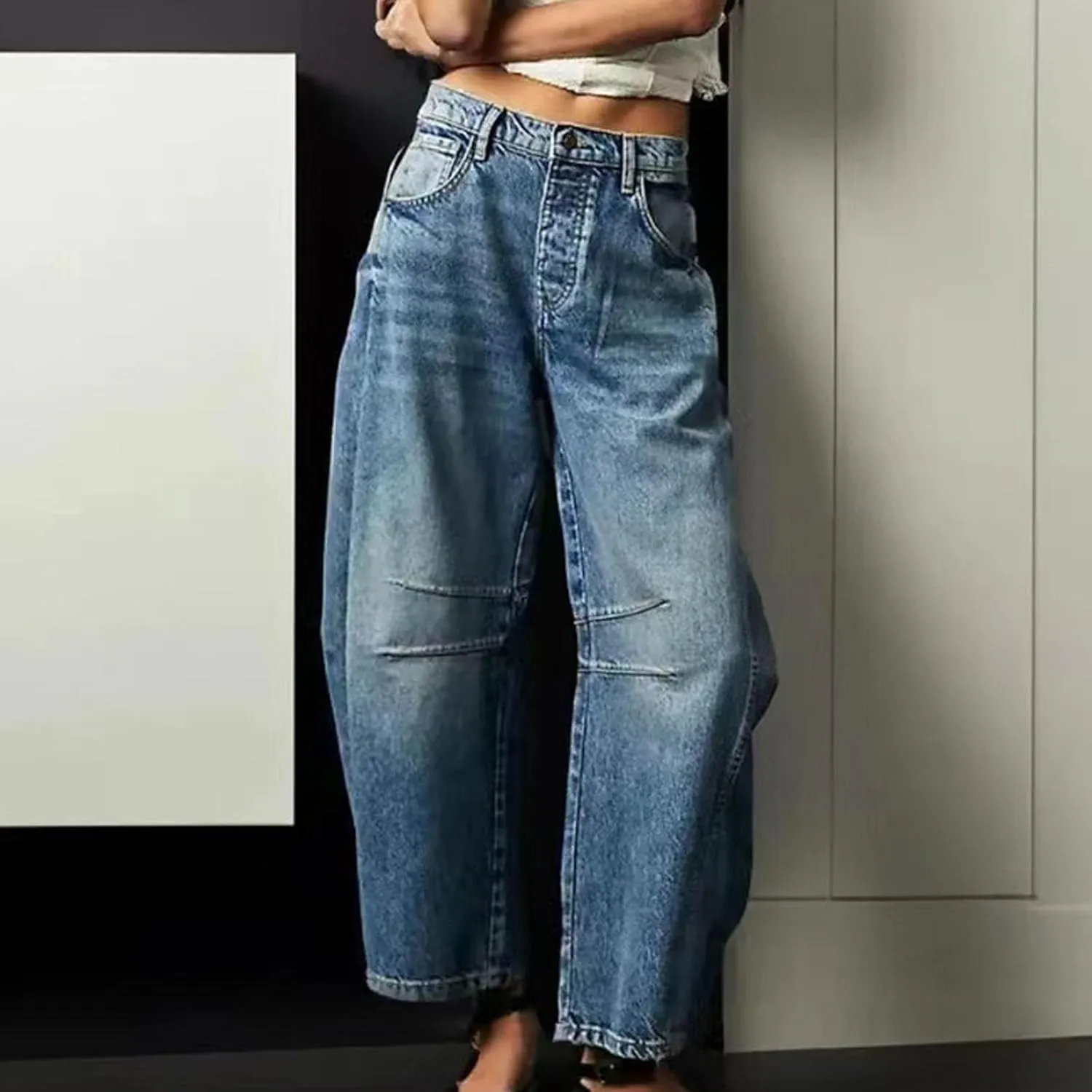 Women's Casual Jeans Elastic Waist Front Button Wide Leg Harem Trousers Fashion Loose Fit Comfy Street Hip Hip Pants