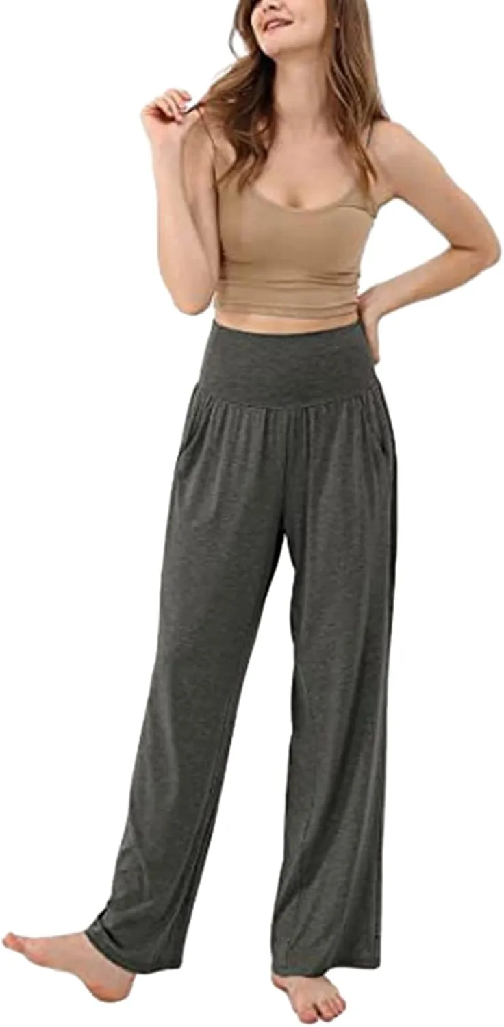 Women's Casual Wide Leg Pants High Waist Elastic Solid Color Long Loose Trousers Summer Spring Pant with Pockets