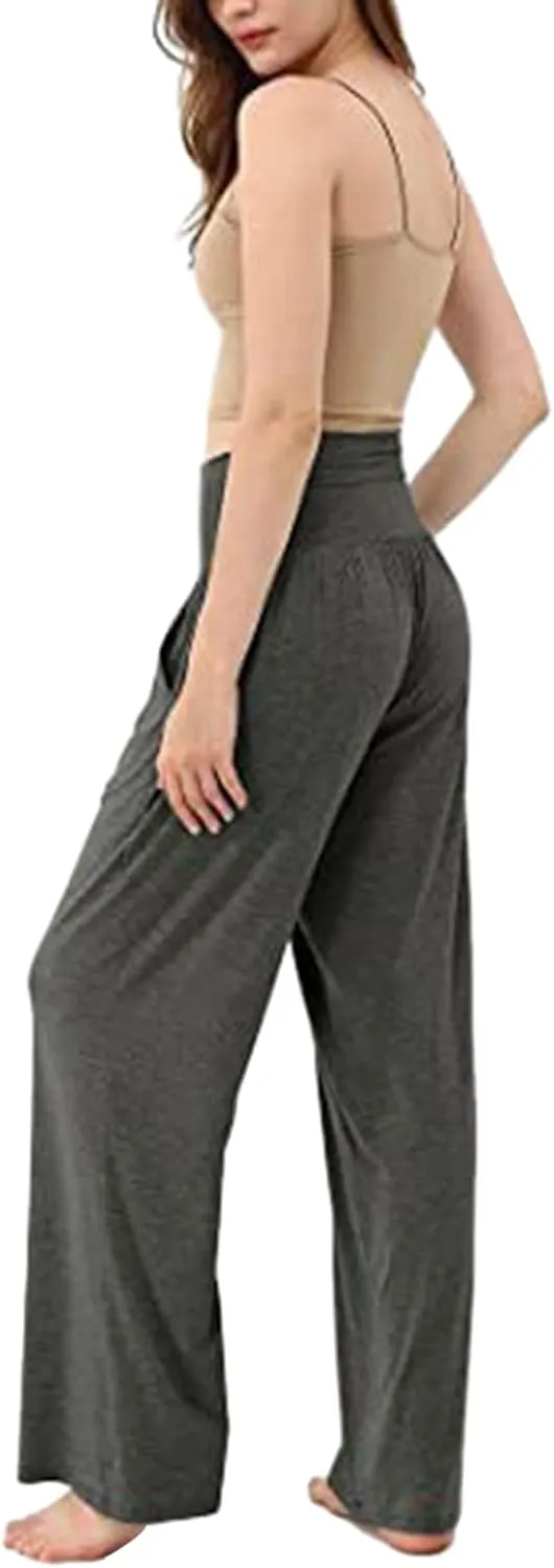 Women's Casual Wide Leg Pants High Waist Elastic Solid Color Long Loose Trousers Summer Spring Pant with Pockets