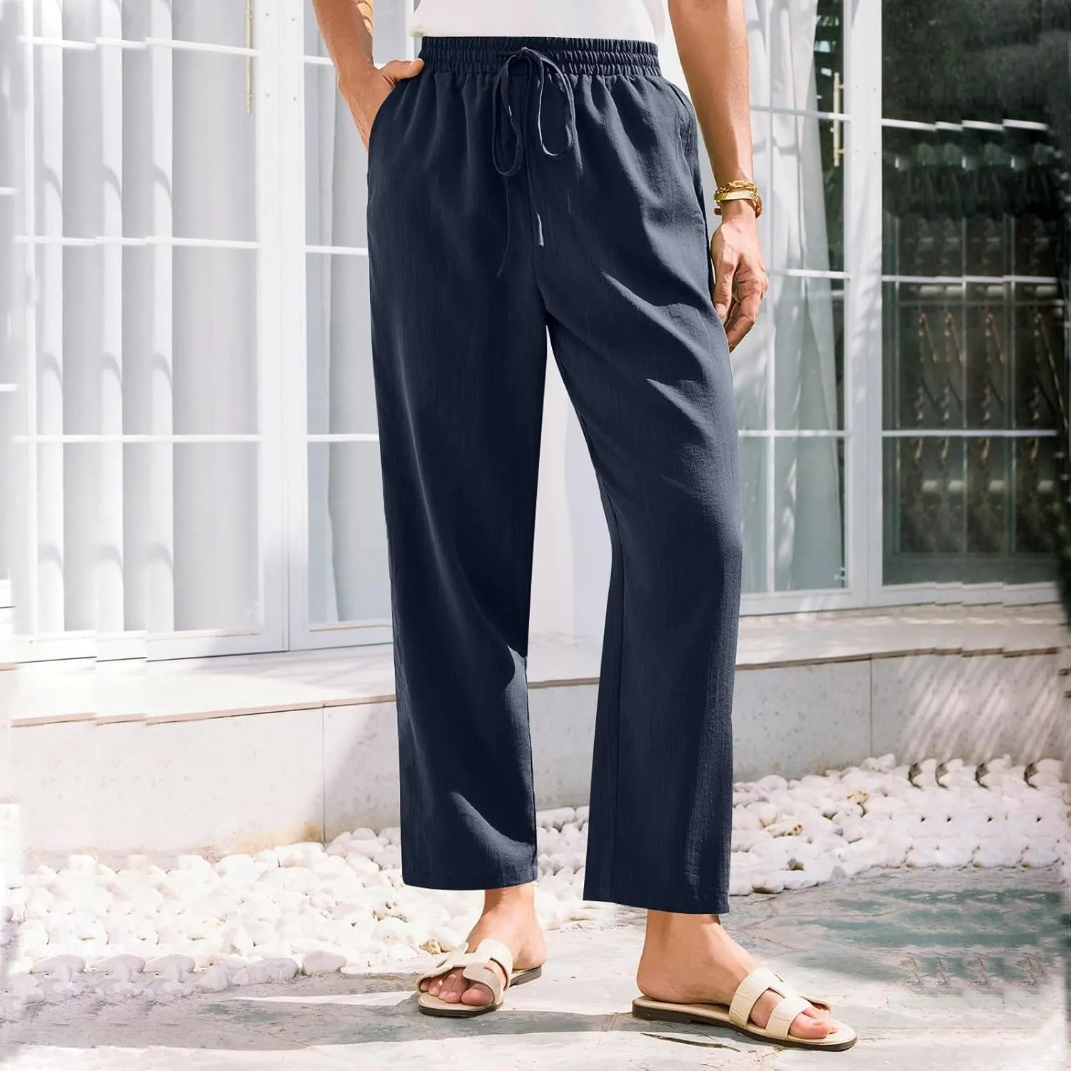 Womens Cotton Linen Elastic Drawstring Straight Leg Pants 2025 Summer Casual Trousers with Pockets Plain Beach Lounge Clothes