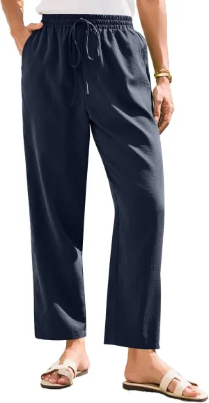 Womens Cotton Linen Elastic Drawstring Straight Leg Pants 2025 Summer Casual Trousers with Pockets Plain Beach Lounge Clothes