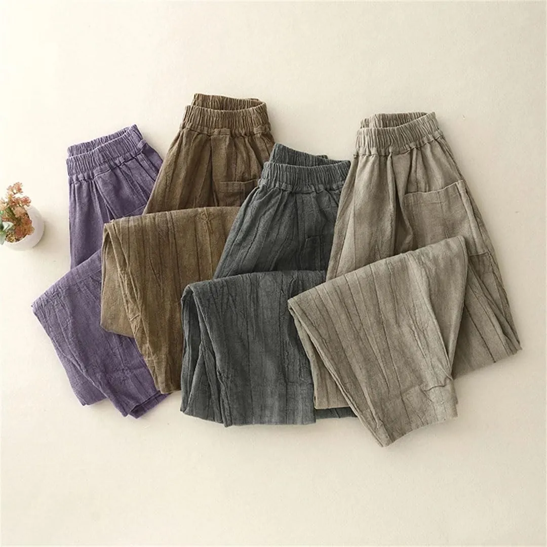 Women's Cotton Linen High Waist Harem Pants Elastic Waist Loose Fit Retro Pleated Full Length Trousers