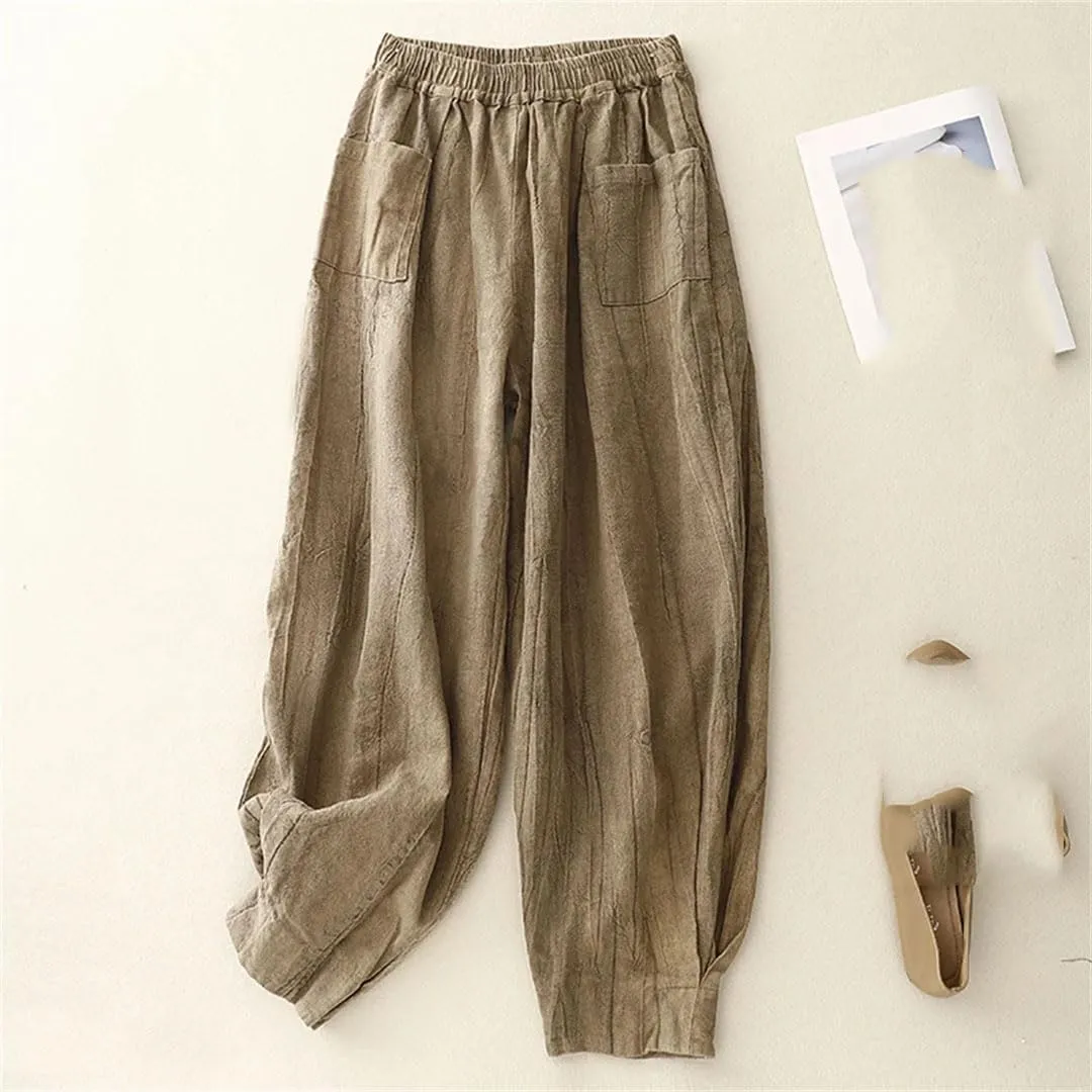 Women's Cotton Linen High Waist Harem Pants Elastic Waist Loose Fit Retro Pleated Full Length Trousers