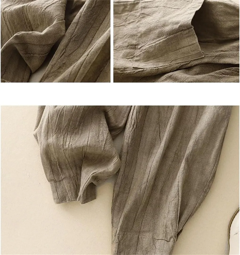 Women's Cotton Linen High Waist Harem Pants Elastic Waist Loose Fit Retro Pleated Full Length Trousers