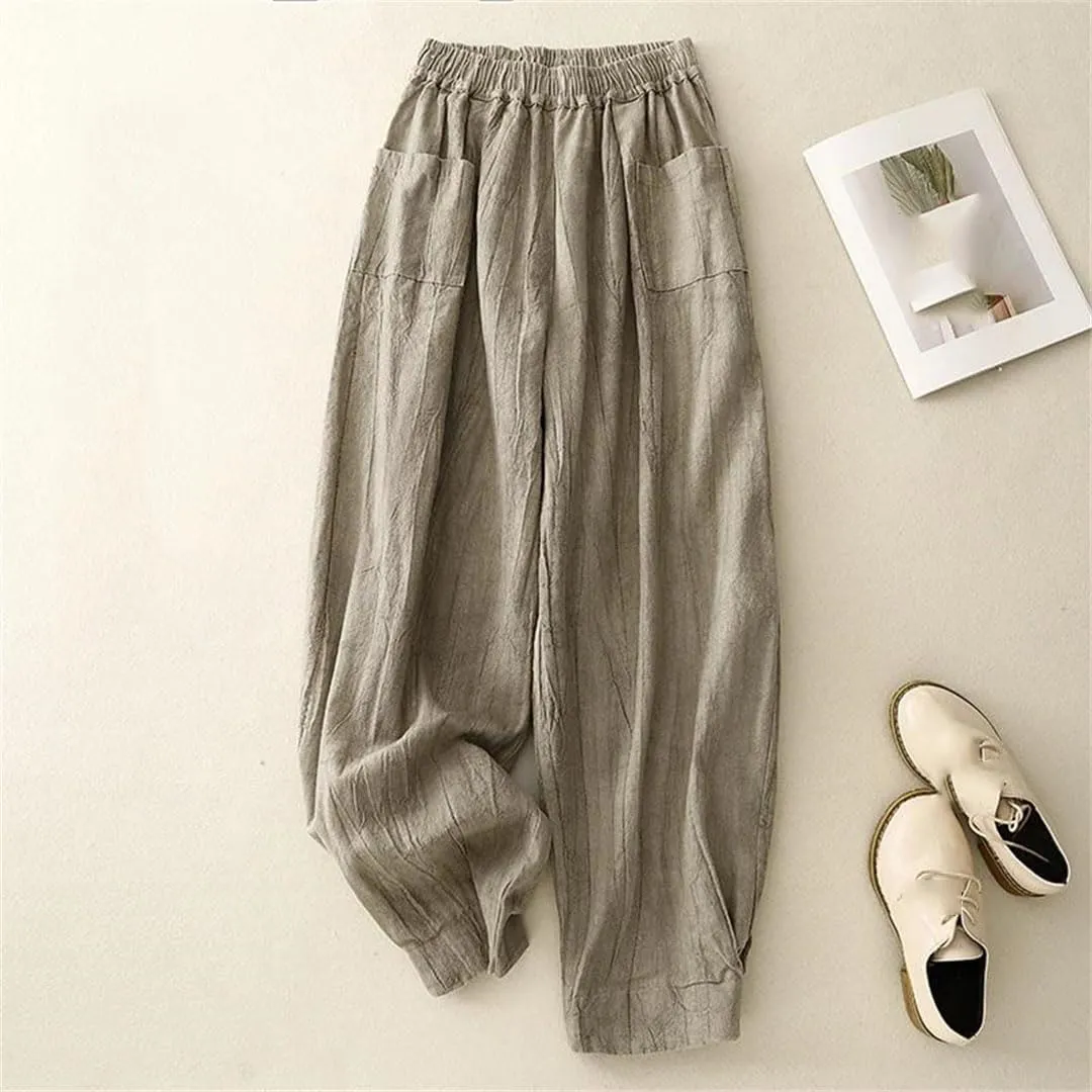Women's Cotton Linen High Waist Harem Pants Elastic Waist Loose Fit Retro Pleated Full Length Trousers
