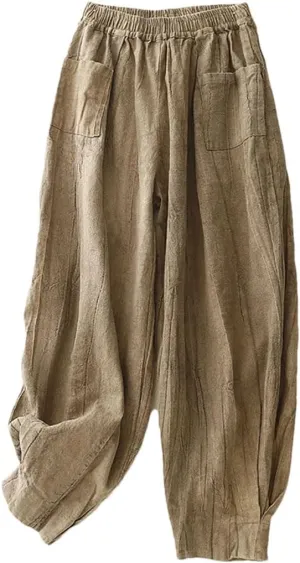 Women's Cotton Linen High Waist Harem Pants Elastic Waist Loose Fit Retro Pleated Full Length Trousers
