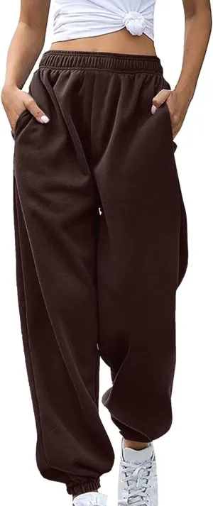 Womens Cotton Linen Jogger Pants Lightweight Elastic High Waist Trousers with Pockets Lounge Baggy Sweatpant for Yoga Gym