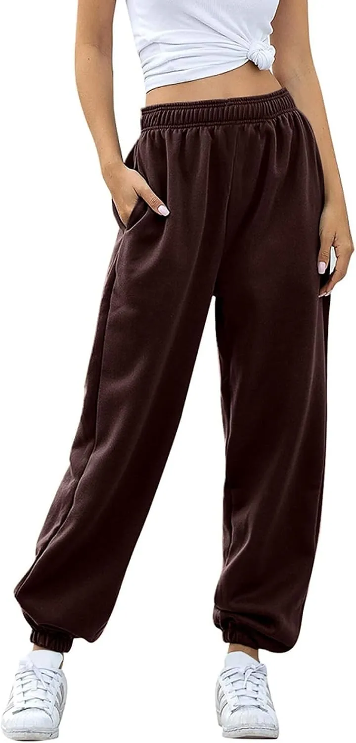 Womens Cotton Linen Jogger Pants Lightweight Elastic High Waist Trousers with Pockets Lounge Baggy Sweatpant for Yoga Gym