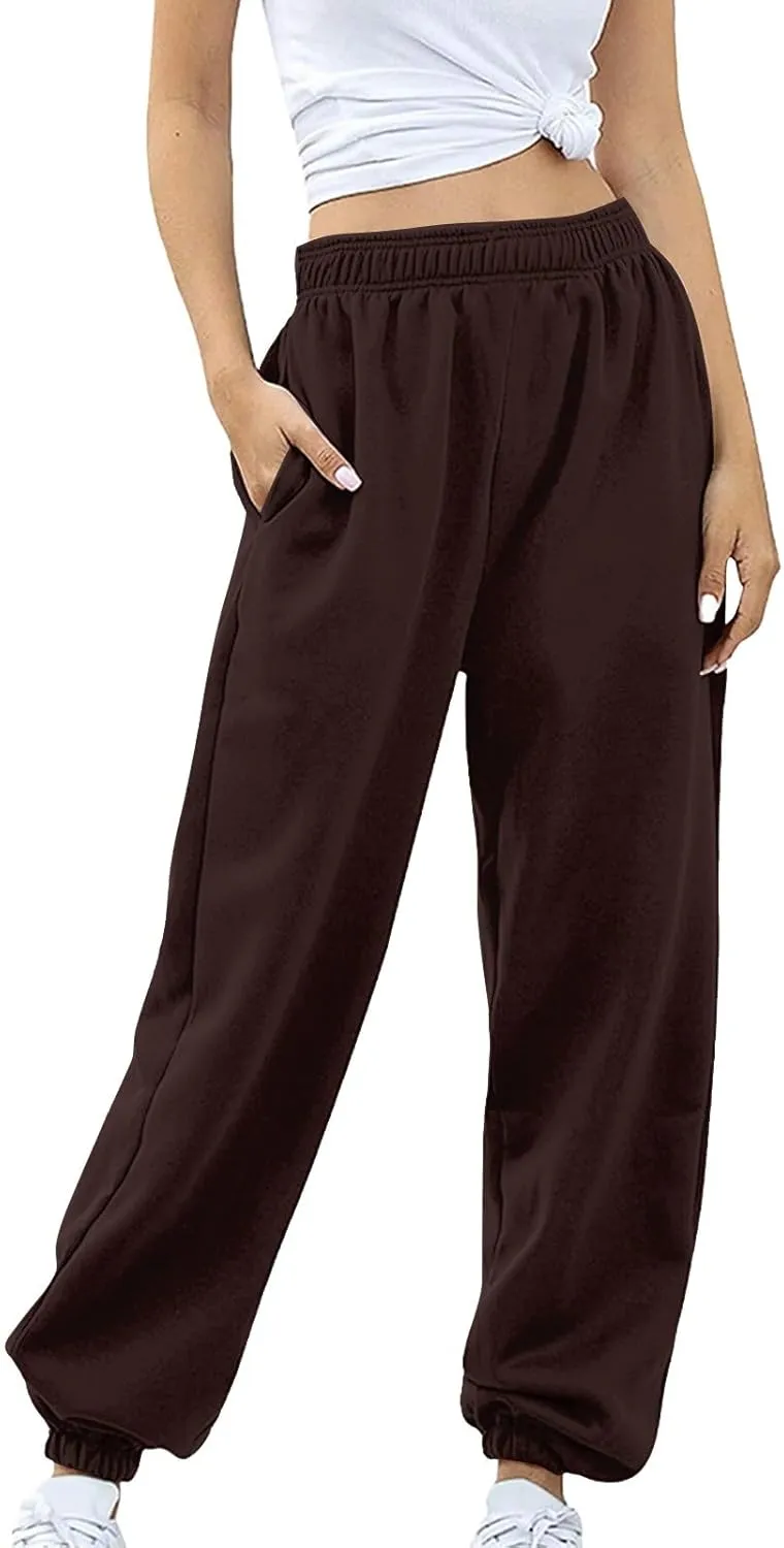 Womens Cotton Linen Jogger Pants Lightweight Elastic High Waist Trousers with Pockets Lounge Baggy Sweatpant for Yoga Gym