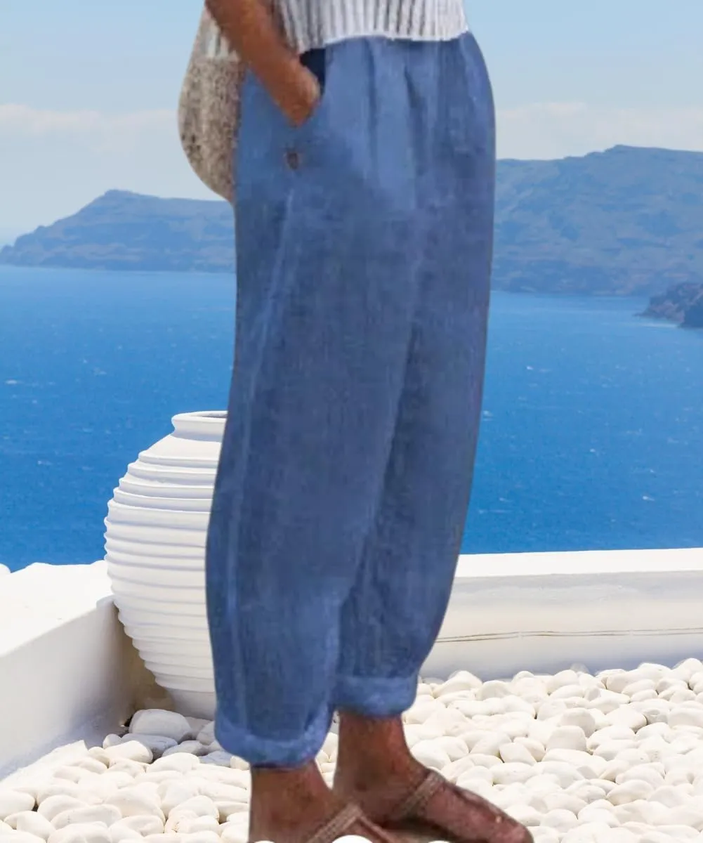 Women's Cotton Linen Pants Casual Elastic High Waisted Straight Leg Palazzo Pants with Pockets Solid Comfy Trousers