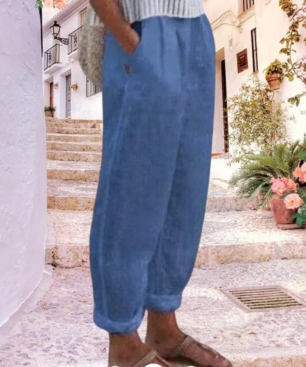 Women's Cotton Linen Pants Casual Elastic High Waisted Straight Leg Palazzo Pants with Pockets Solid Comfy Trousers