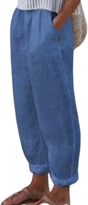 Women's Cotton Linen Pants Casual Elastic High Waisted Straight Leg Palazzo Pants with Pockets Solid Comfy Trousers