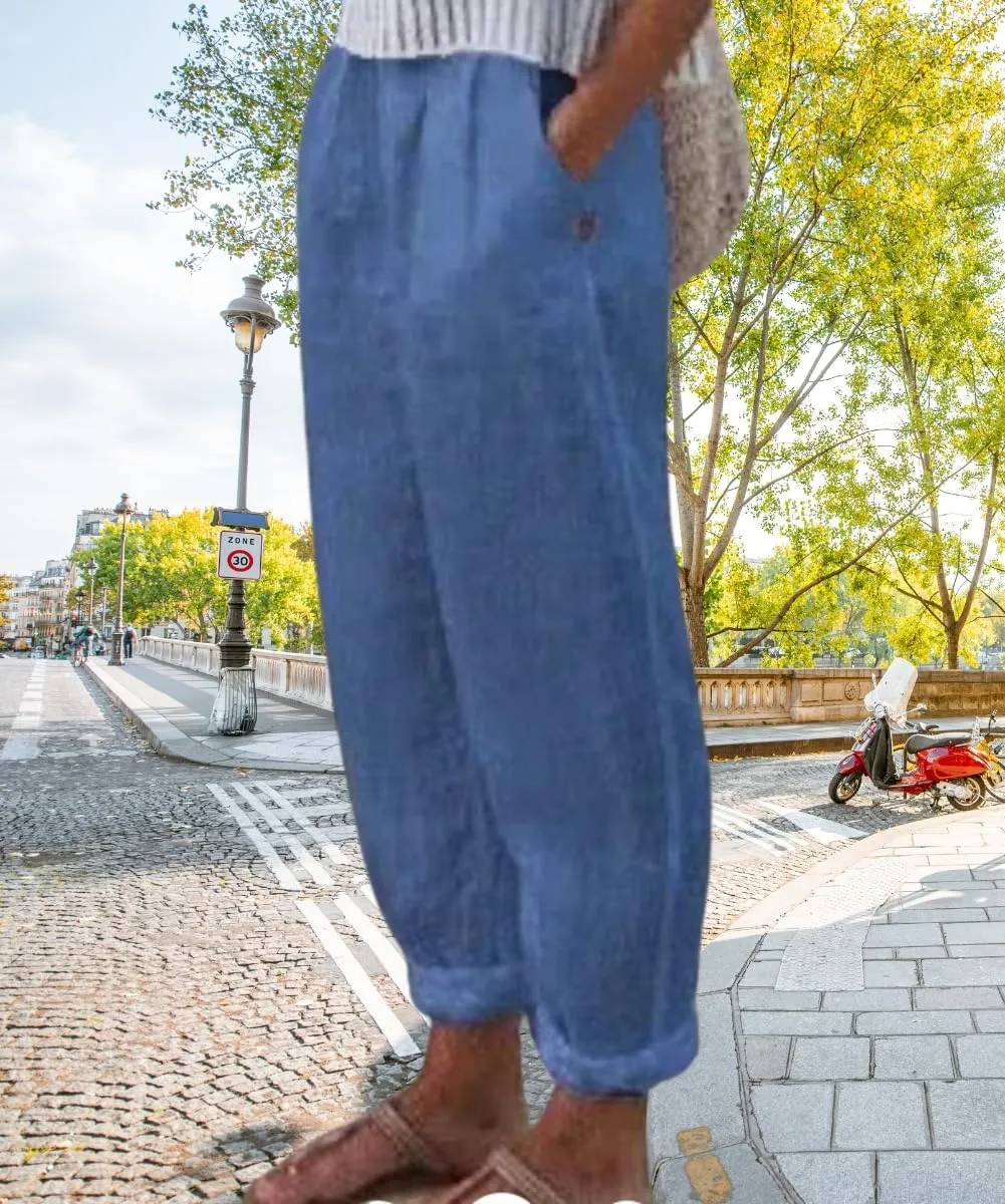 Women's Cotton Linen Pants Casual Elastic High Waisted Straight Leg Palazzo Pants with Pockets Solid Comfy Trousers