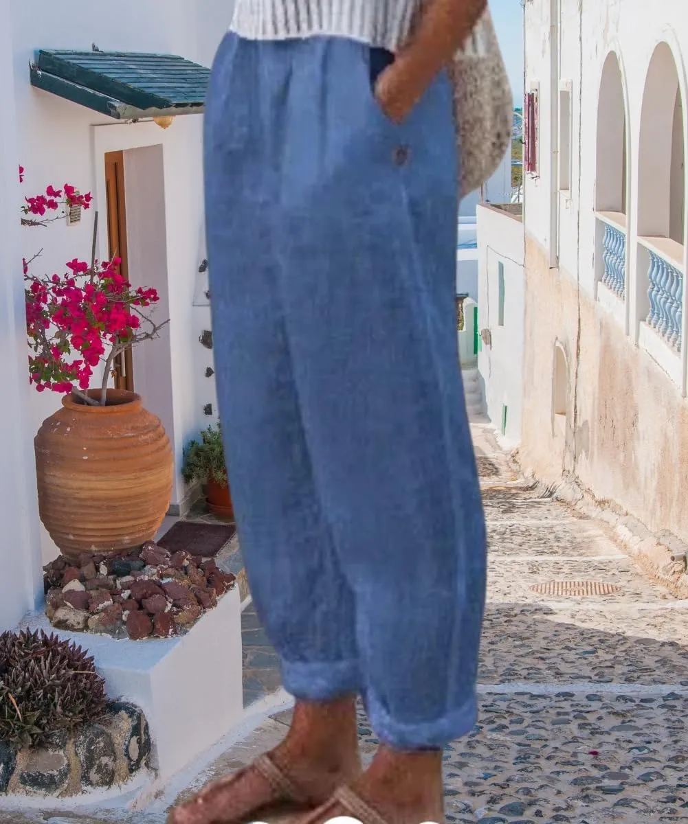 Women's Cotton Linen Pants Casual Elastic High Waisted Straight Leg Palazzo Pants with Pockets Solid Comfy Trousers