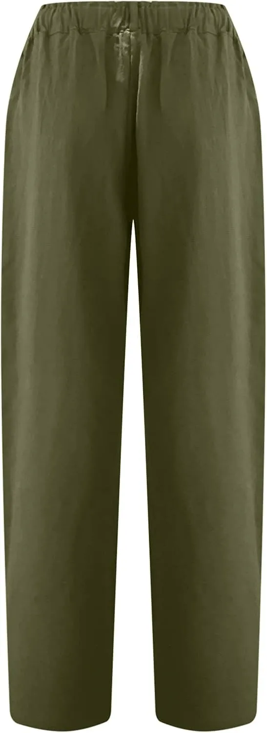 Womens Cotton Linen Pants High Waist Button Elastic Waist Pants Casual Wide Leg Leg Straight Trousers with Pockets