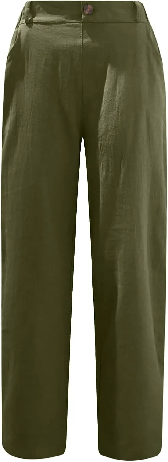 Womens Cotton Linen Pants High Waist Button Elastic Waist Pants Casual Wide Leg Leg Straight Trousers with Pockets