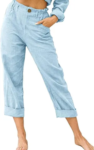 Womens Cotton Linen Pants High Waist Button Elastic Waist Pants Casual Wide Leg Leg Straight Trousers with Pockets