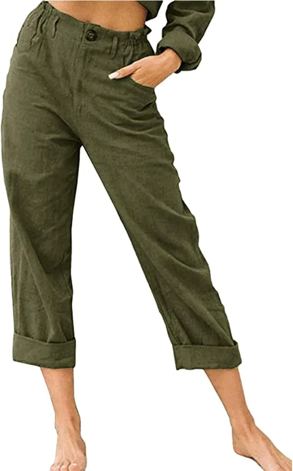 Womens Cotton Linen Pants High Waist Button Elastic Waist Pants Casual Wide Leg Leg Straight Trousers with Pockets