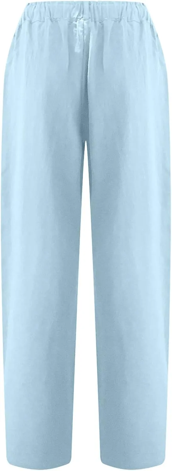Womens Cotton Linen Pants High Waist Button Elastic Waist Pants Casual Wide Leg Leg Straight Trousers with Pockets