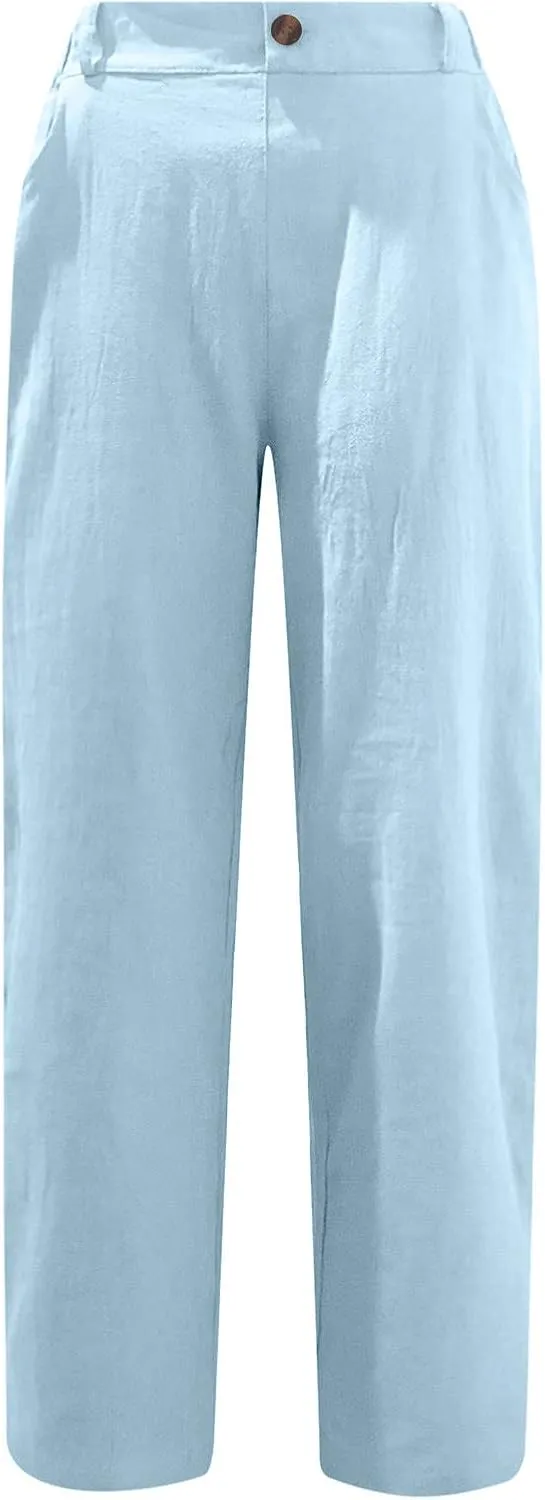 Womens Cotton Linen Pants High Waist Button Elastic Waist Pants Casual Wide Leg Leg Straight Trousers with Pockets