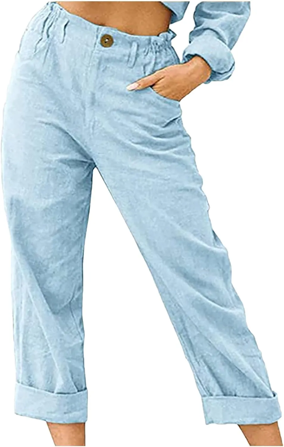 Womens Cotton Linen Pants High Waist Button Elastic Waist Pants Casual Wide Leg Leg Straight Trousers with Pockets