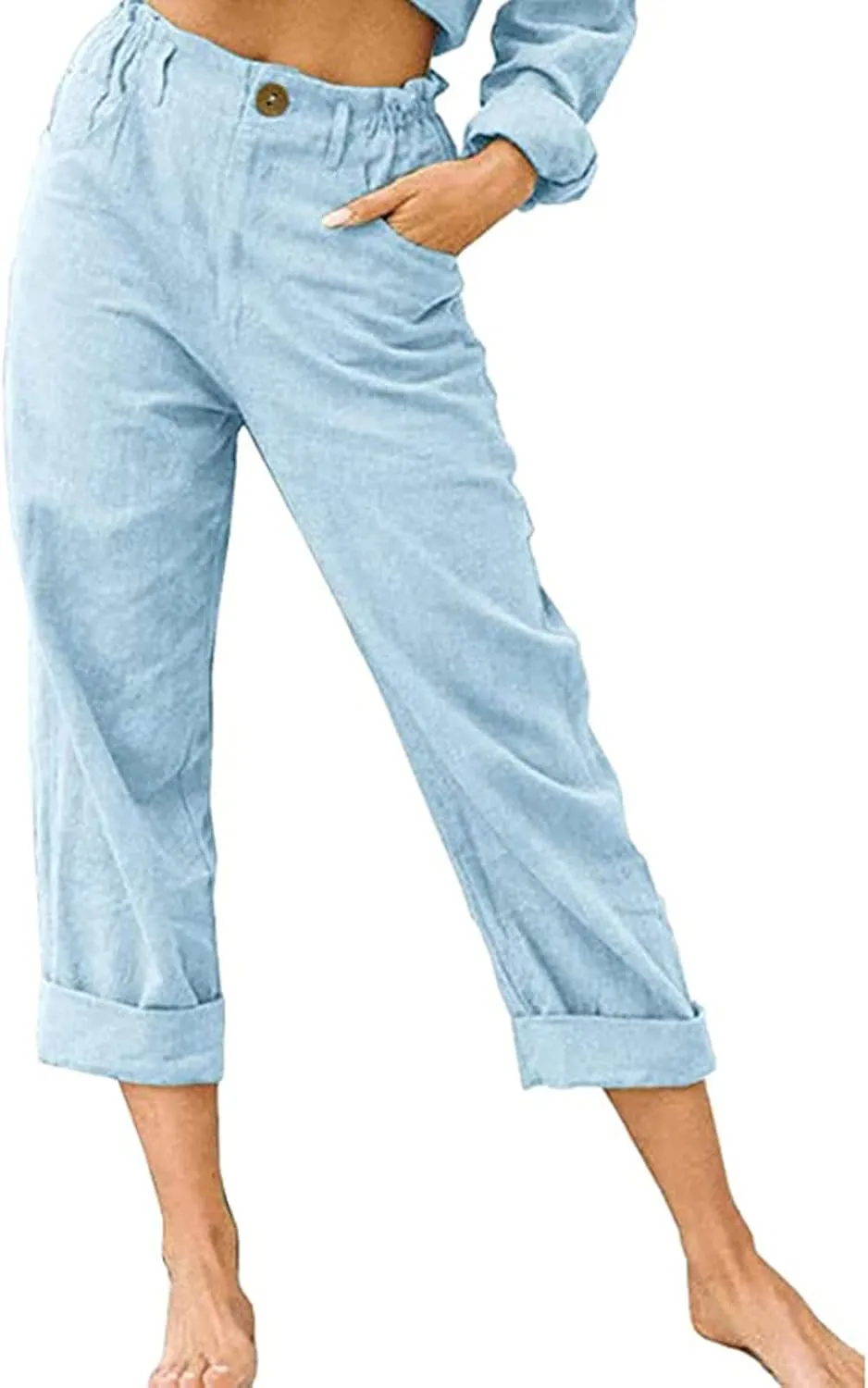 Womens Cotton Linen Pants High Waist Button Elastic Waist Pants Casual Wide Leg Leg Straight Trousers with Pockets